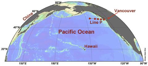 Map of the north Pacific Ocean showing the location of ocean water samples acquired along Line P for Pb isotopes