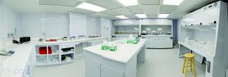 Photo of Class 100 clean laboratory with metal-free laminar flow hoods at PCIGR