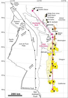 Map of Cascadia subduction zone volcanoes